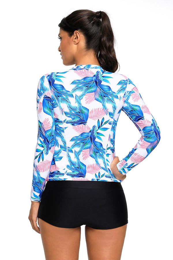 Blue Pink Tropical Leaf Zipped Rashguard Top 410488