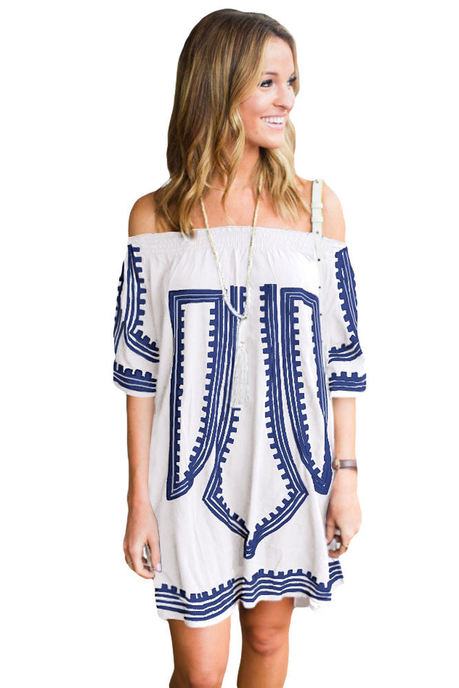 Bohemian Vibe Geometric Print Off The Shoulder Beach Dress 42149 -