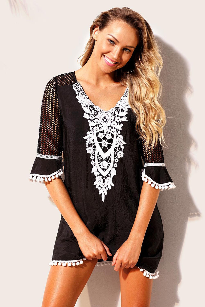 Crochet Pom Pom Trim Beach Tunic Cover Up 42231